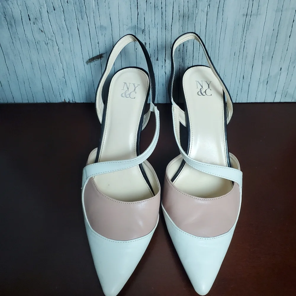 New York & Company Mika Pointed Toe Slingback Heels, 10, Black/Ivory/Blush